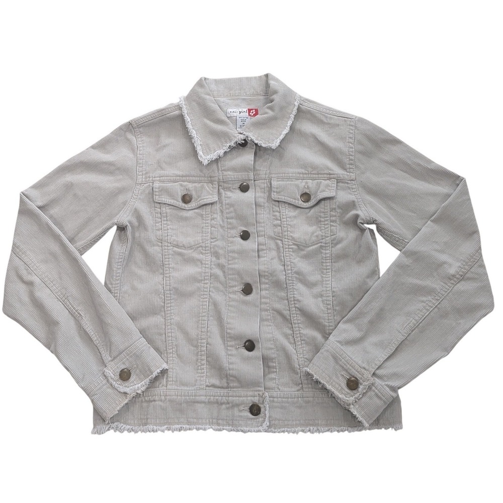 Kali Girl Corduroy Trucker Jacket Lt Gray Frayed Raw Edge Button Up Wmns MEDIUM